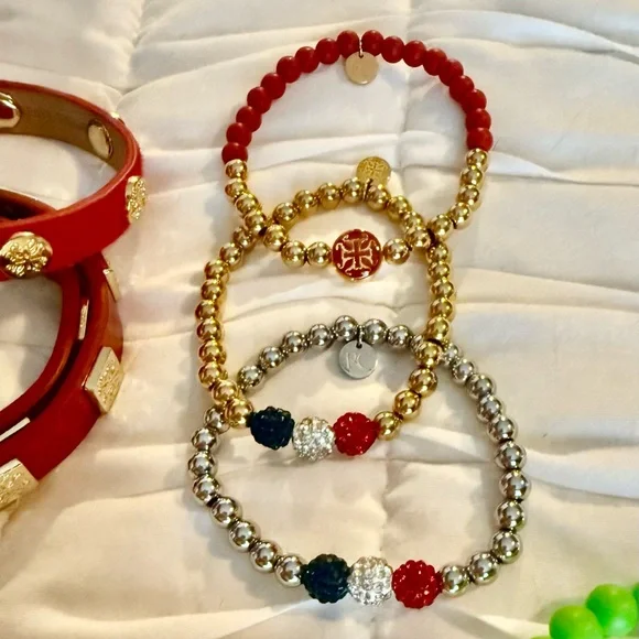SET OF 3 - Beaded Rustic Cuff Red, Silver, Gold Beaded Bracelets - Picture 3 of 3